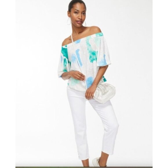 Chico's 3 Linen top shirt Confetti Pom Pom Top size XL Knit Pattern new - Picture 12 of 14